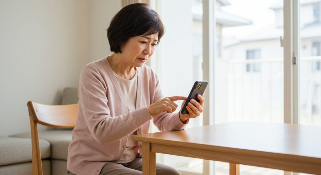 フリック入力で濁点が打てずに困っている女性の画像